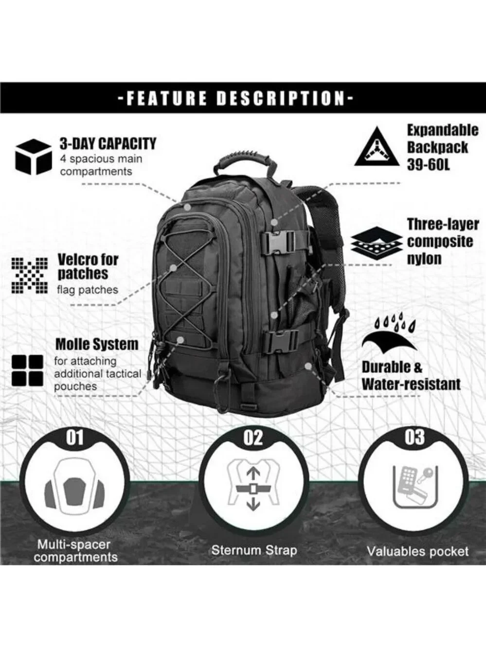 Tactical Military Backpack Molle 3 Day Pack Hiking Camping Travel Black